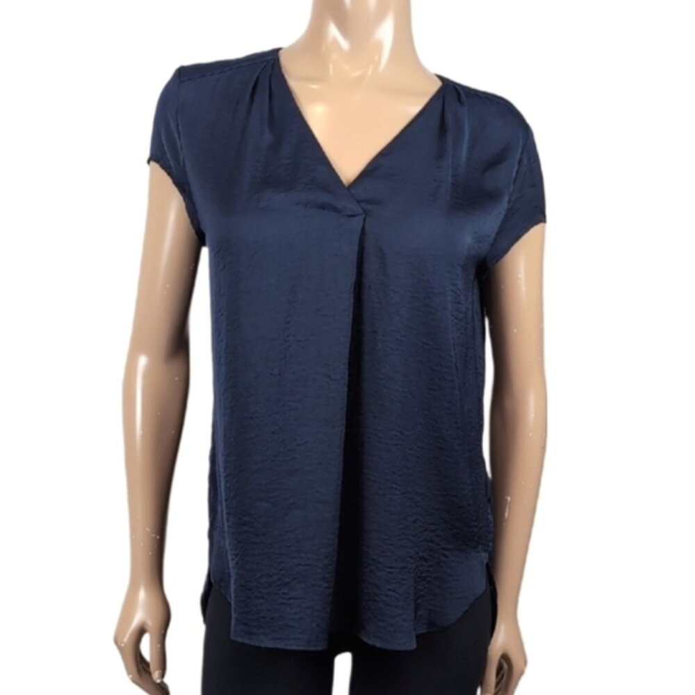 H&M Navy Vneck Top Short Sleeve Blue Satin Pleated Blouse